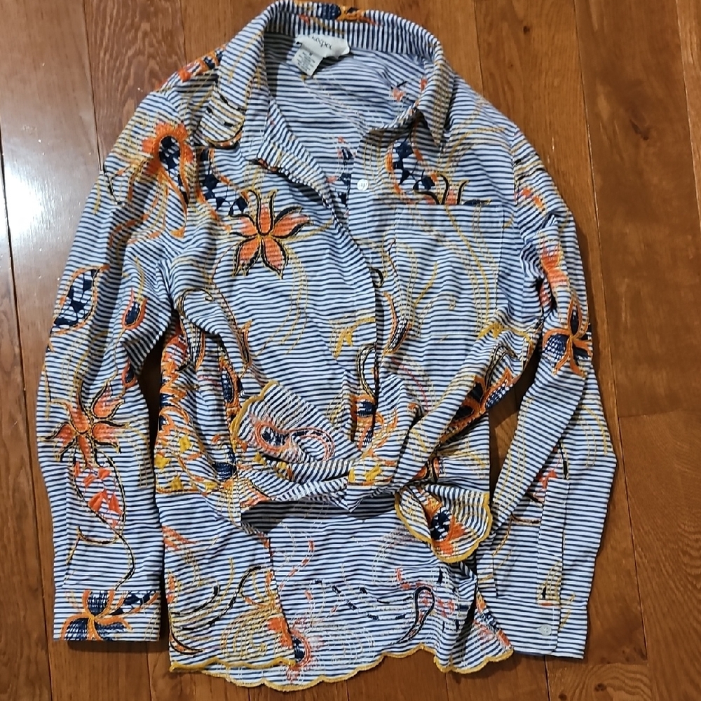 Peck & Peck Embrodired Floral Blue and White Striped Shirt
